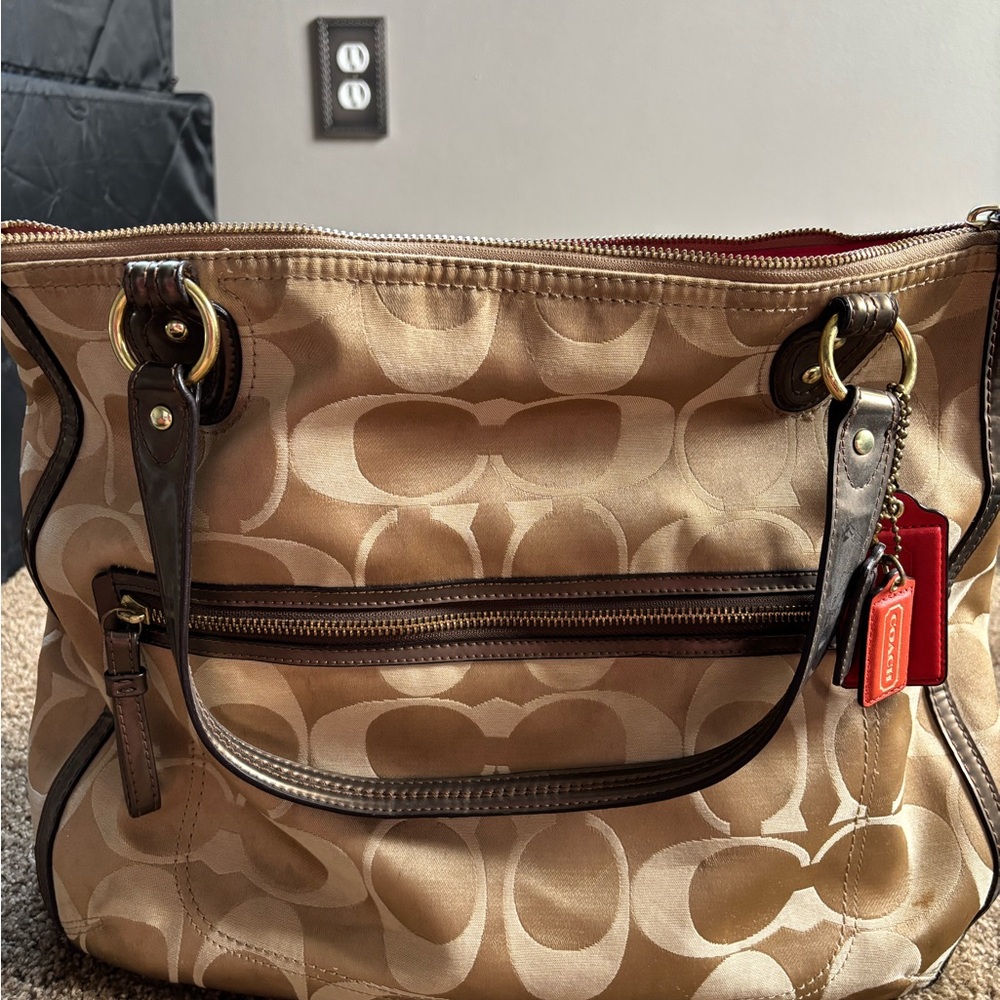 Coach Beige and Brown Signature Shoulder Bag